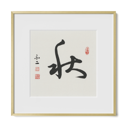 Autumn 秋 Chinese calligraphy print, Cursive Script, 12x12 gold metal frame