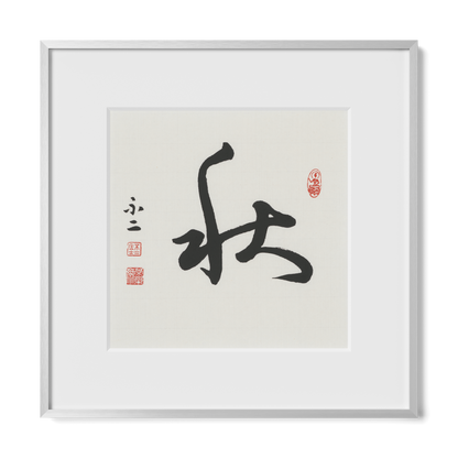 Autumn 秋 Chinese calligraphy print, Cursive Script, 12x12 silver metal frame