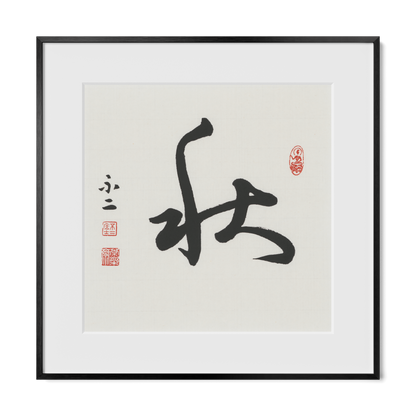Autumn 秋 Chinese calligraphy print, Cursive Script, 16x16 black metal frame