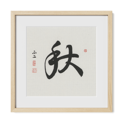 Autumn 秋 Chinese calligraphy print, Running Script, 16x16 natural oak frame